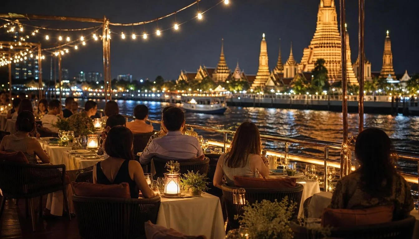 Guests at tables on the open top deck of a dinner boat on the Chao Phraya at night