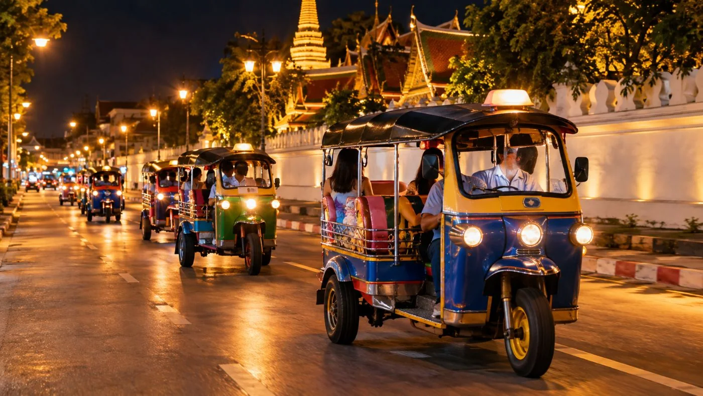 A guide leading a line of tuk tuks along a lit street in Bangkok's old town at night